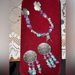 💙Beautiful Vintage 925 Mexico Silver and Purple Beaded 3 Piece Earring Set